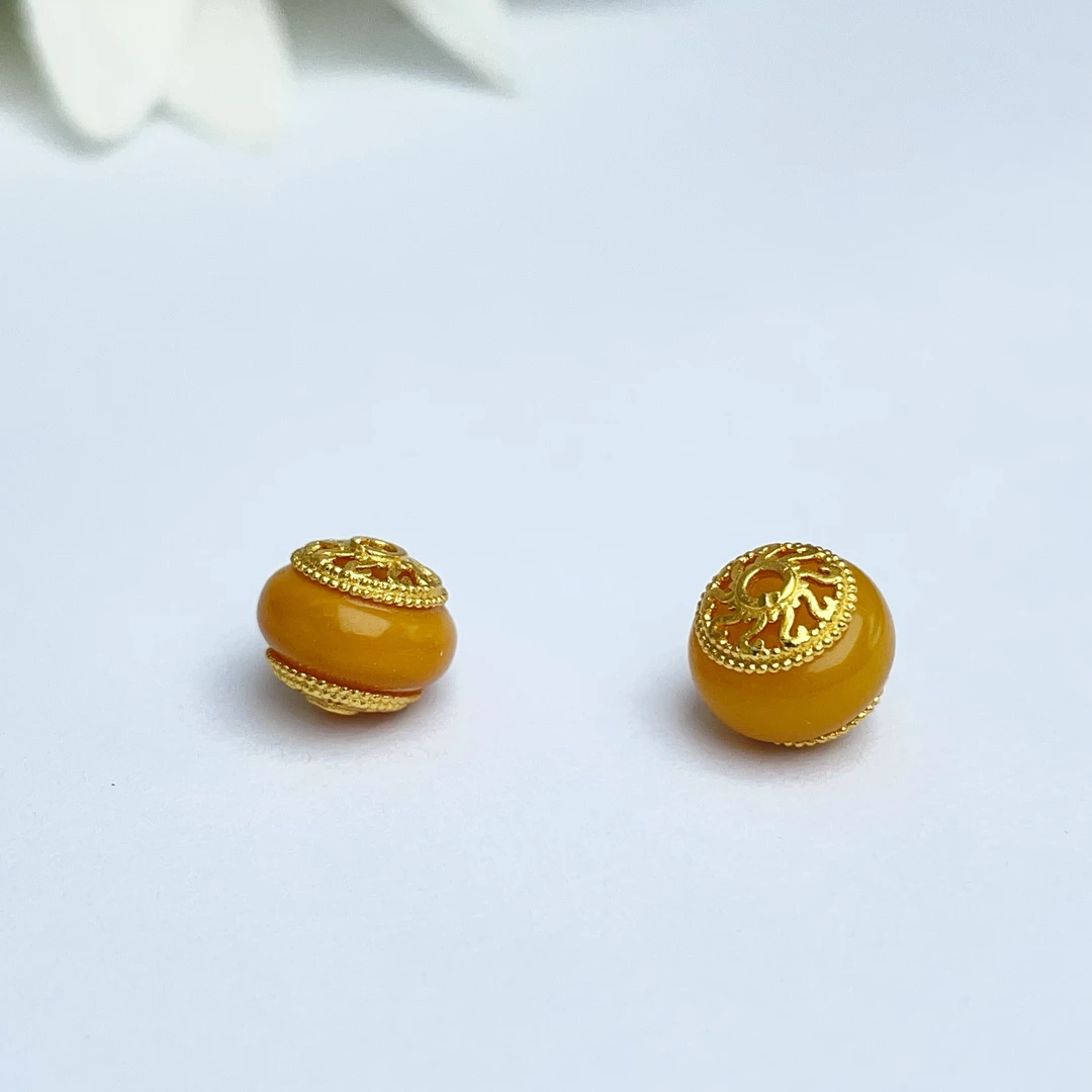 【千奇饰品】B850天然蜜蜡鼓珠满蜜鸡油黄DIY配件约9*8mm多样性发一