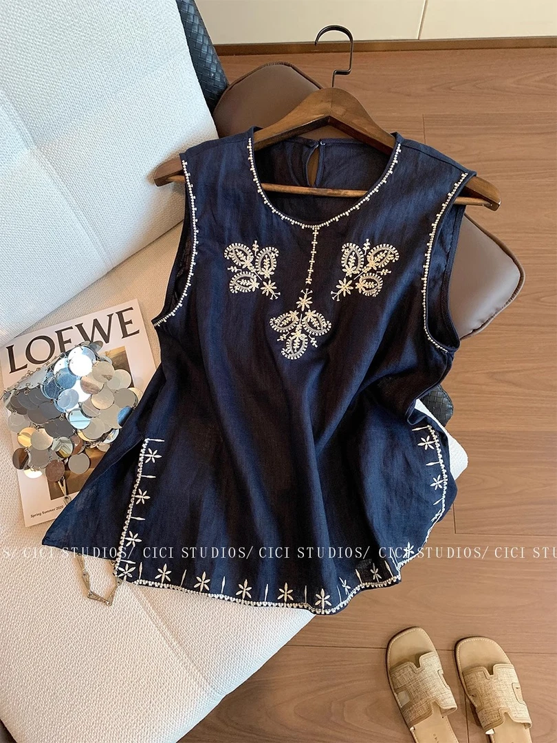 复古藏青色亚麻刺绣无袖衬衫上衣女装夏季文艺老钱风显瘦休闲背心