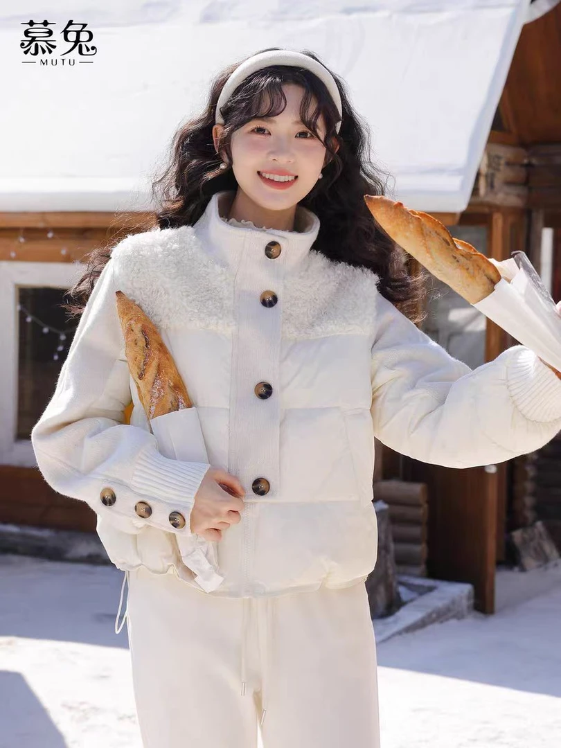 Y68区2587白色韩版棉服短款拼接立领拼色保暖棉服