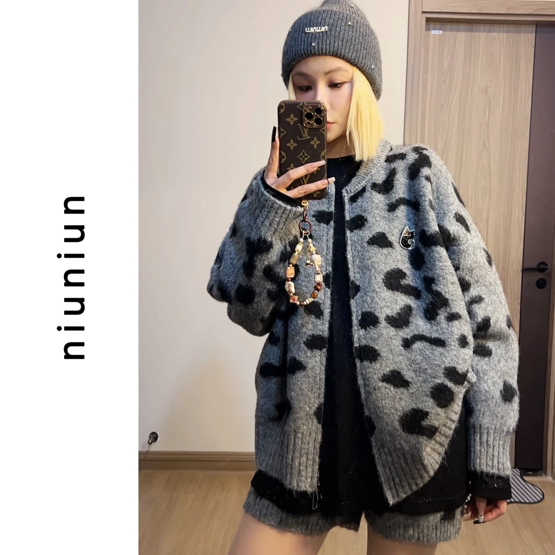 niuniu妞妞/『豹纹毛衣外套』秋冬时尚休闲宽松豹纹慵懒风针织毛衣