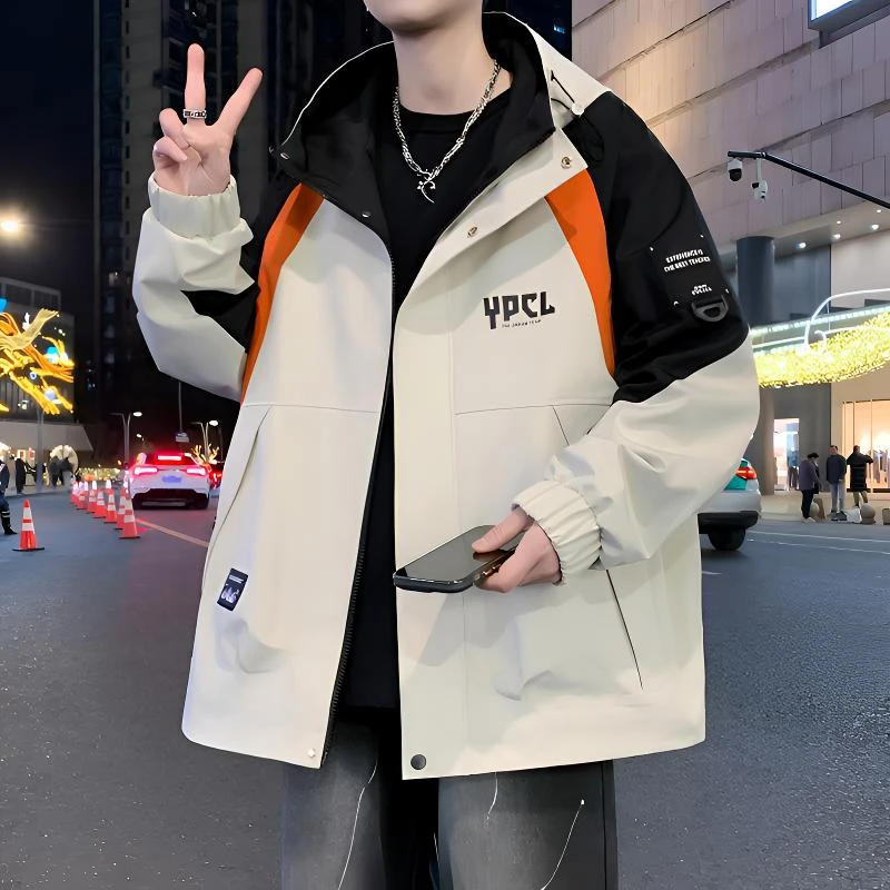 春季新款港风拼色连帽夹克男士潮流时尚休闲青春帅气百搭外套上衣