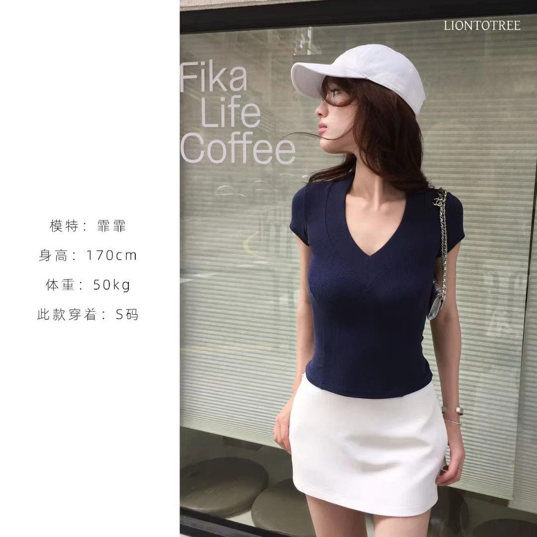 【Liontotree奶兔锤】【掐腰V】三色V领拼接弹力显瘦短袖上衣F334-12