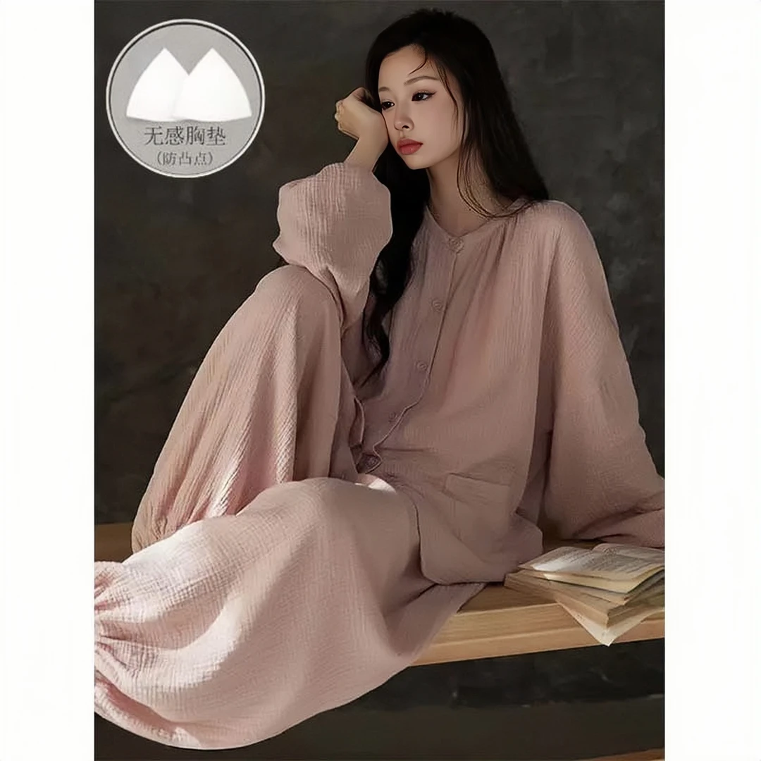带胸垫睡衣女春秋新款宽松简约韩系纯色田园风可外穿家居服套装