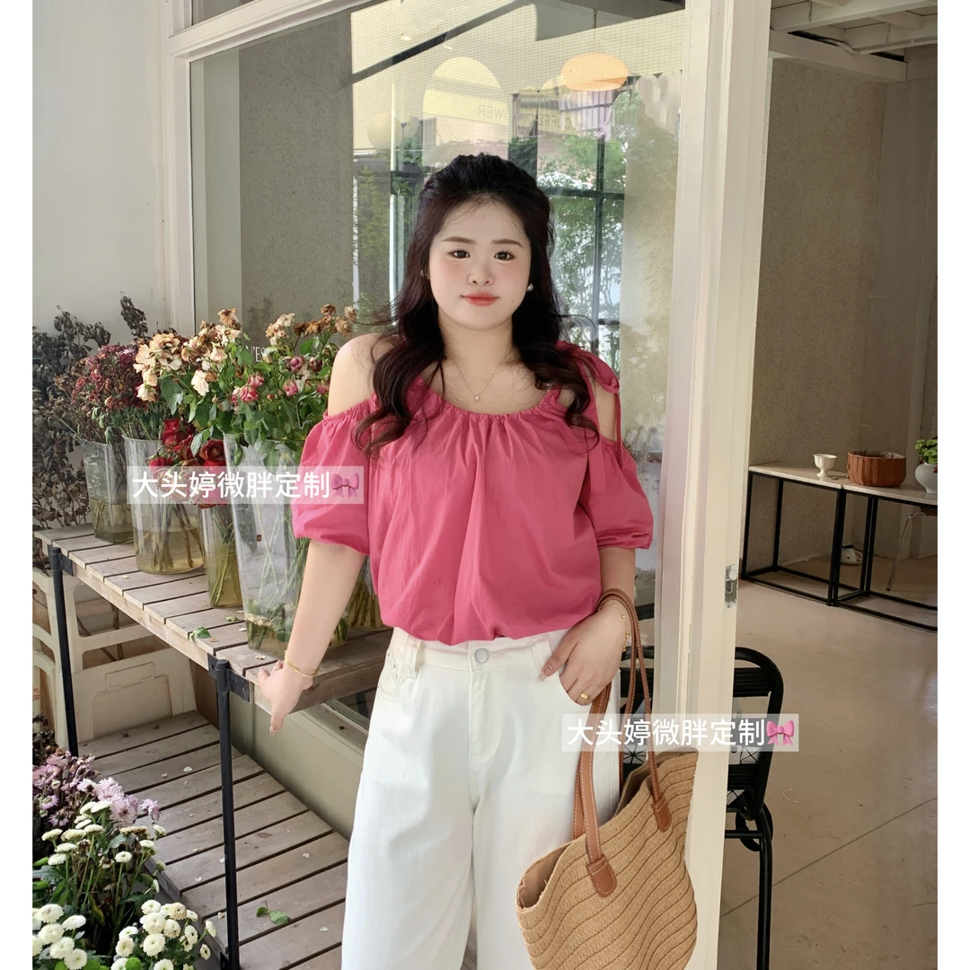 【青苍】大头婷微胖定制夏季衬衫一字领系带露肩短袖宽松上衣