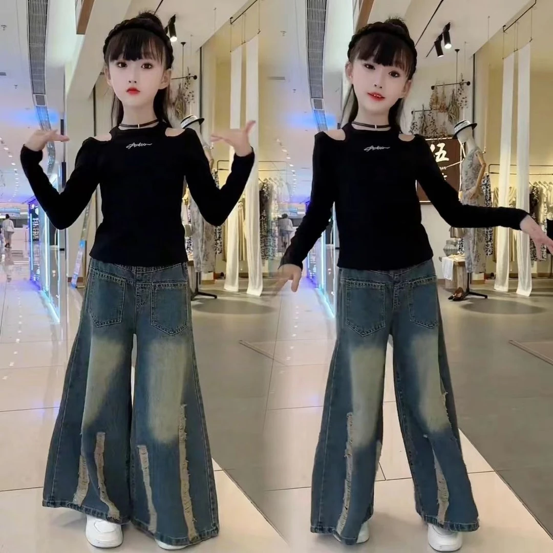 女童阔腿牛仔裤套装2025春装新款大儿童装春秋季女孩衣服时髦洋气