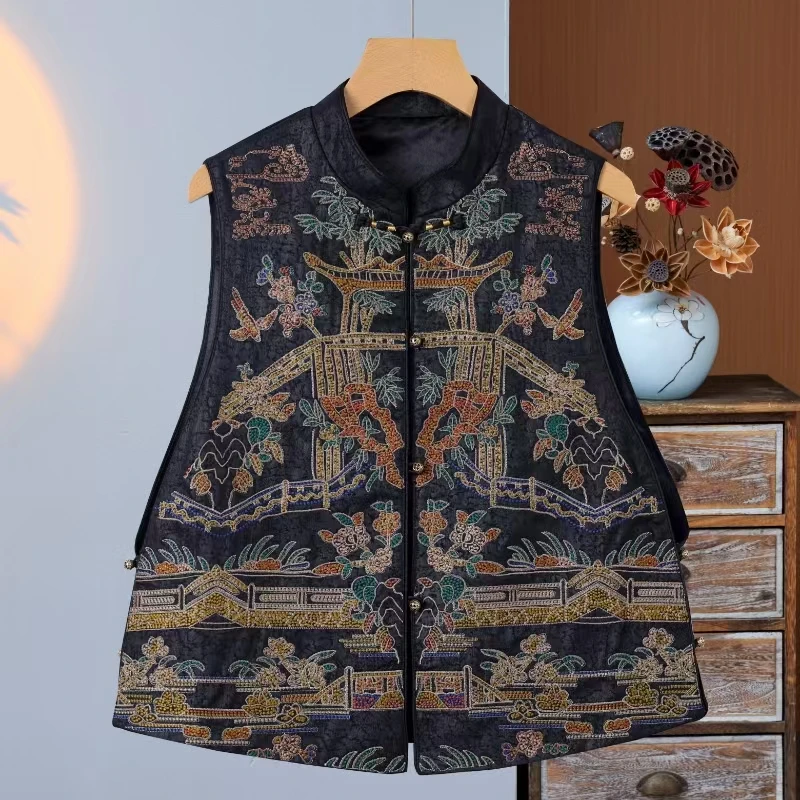 拼接简约风马夹优雅国风刺绣马甲无袖气质ins双面时尚唐装