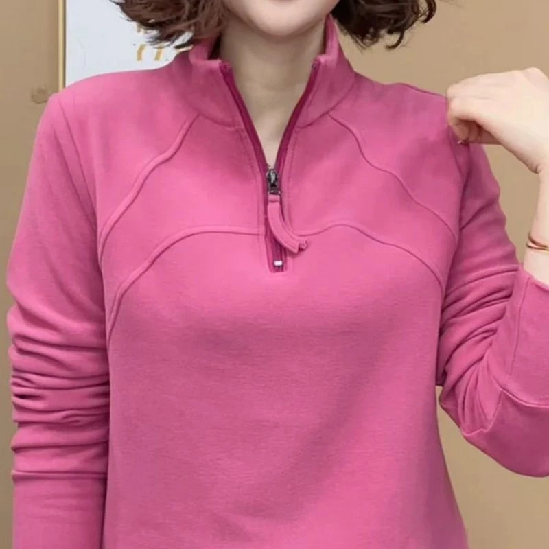双面德绒秋冬打底拉链拼接纯色保暖卫衣时尚半高领半拉链女士上衣