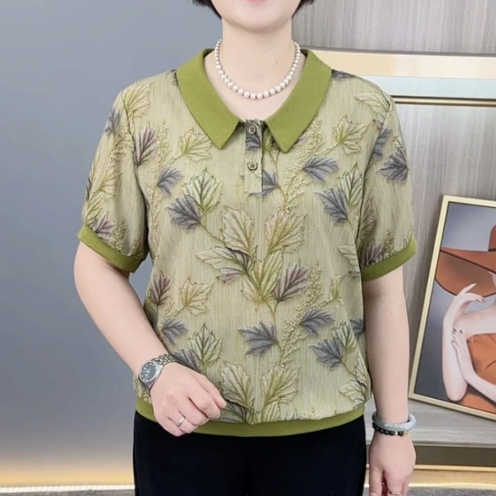 夏季新款时尚娃娃领中老年气质妈妈装宽松百搭薄款短袖上衣H602