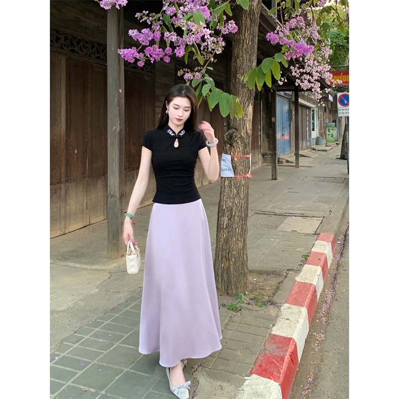 凌茜【暮云凝】国风新中式缎面百搭褶皱宽松裙高腰显瘦春夏半身裙