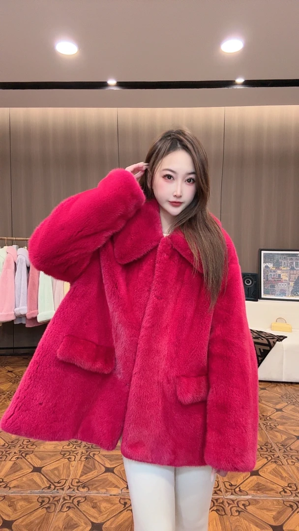 【v.v】火龙果色娃娃领紫金短二貂皮外套