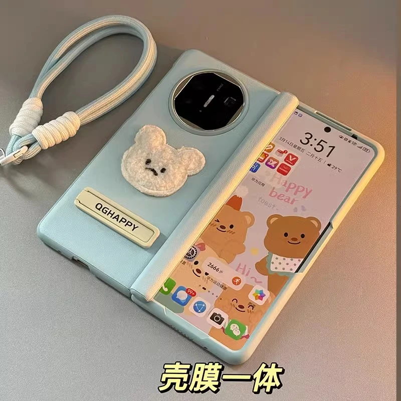 适用华为matex6折叠屏matex5手机壳膜一体可爱毛绒小熊支架保护套