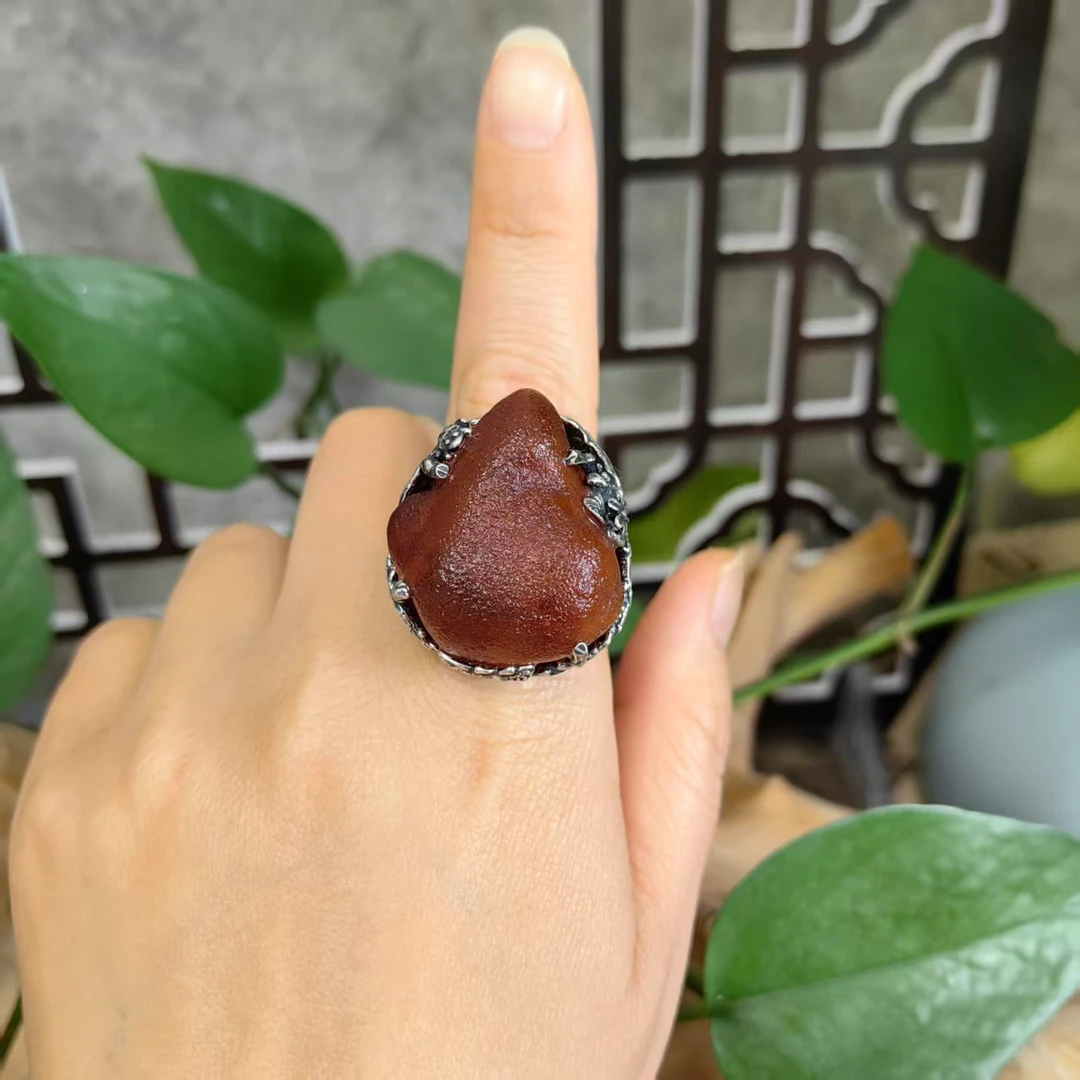 LYliuyng海漂蜜蜡原皮琥珀纯手工银镶嵌个性大戒指原石蜜蜡银戒指