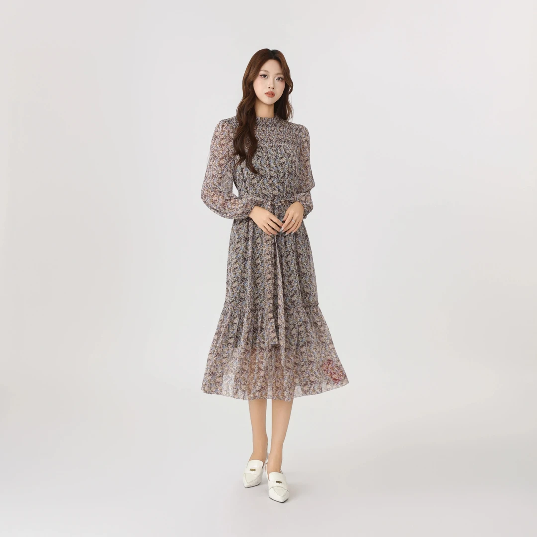 GIRDEAR/哥弟「碎梦花影」气质法式优雅碎花显瘦长袖连衣裙150034