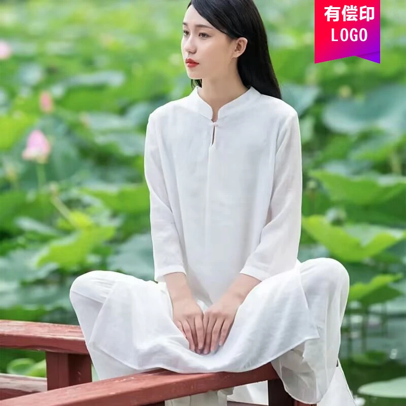 中式女装连衣裙棉麻中长款文艺瑜伽服茶服禅舞服太极服女居士打坐