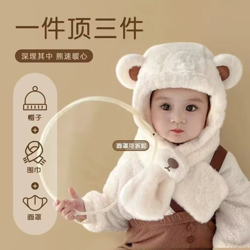 儿童帽子围巾一体帽秋冬季新加厚婴儿防风面罩骑行宝宝护耳套头帽