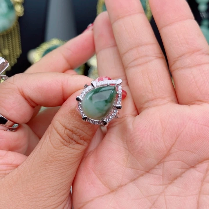 透闪石-蛇纹石玉银S925镶嵌戒指