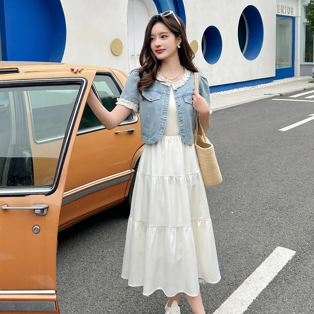 无印心匠D98129-1蕾丝牛仔上衣搭配高腰背心裙夏季显瘦套裙K299