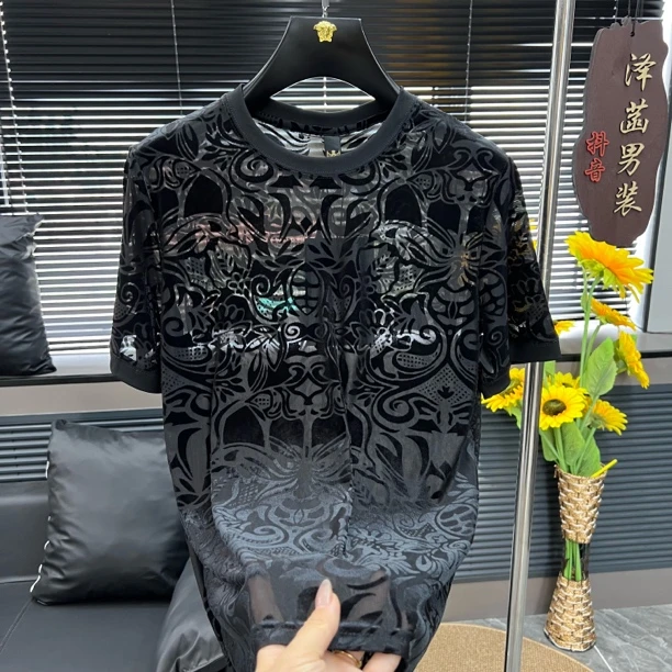 短袖青年圆领夏季常规T恤时尚黑色镂空植绒痞帅轻薄透气3387