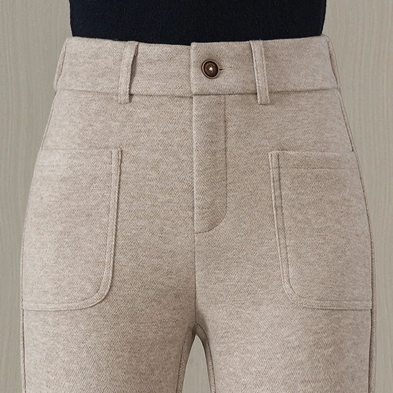 啄木鸟妈妈毛呢微喇裤女秋冬季新款高腰加绒加厚小个子喇叭裤子