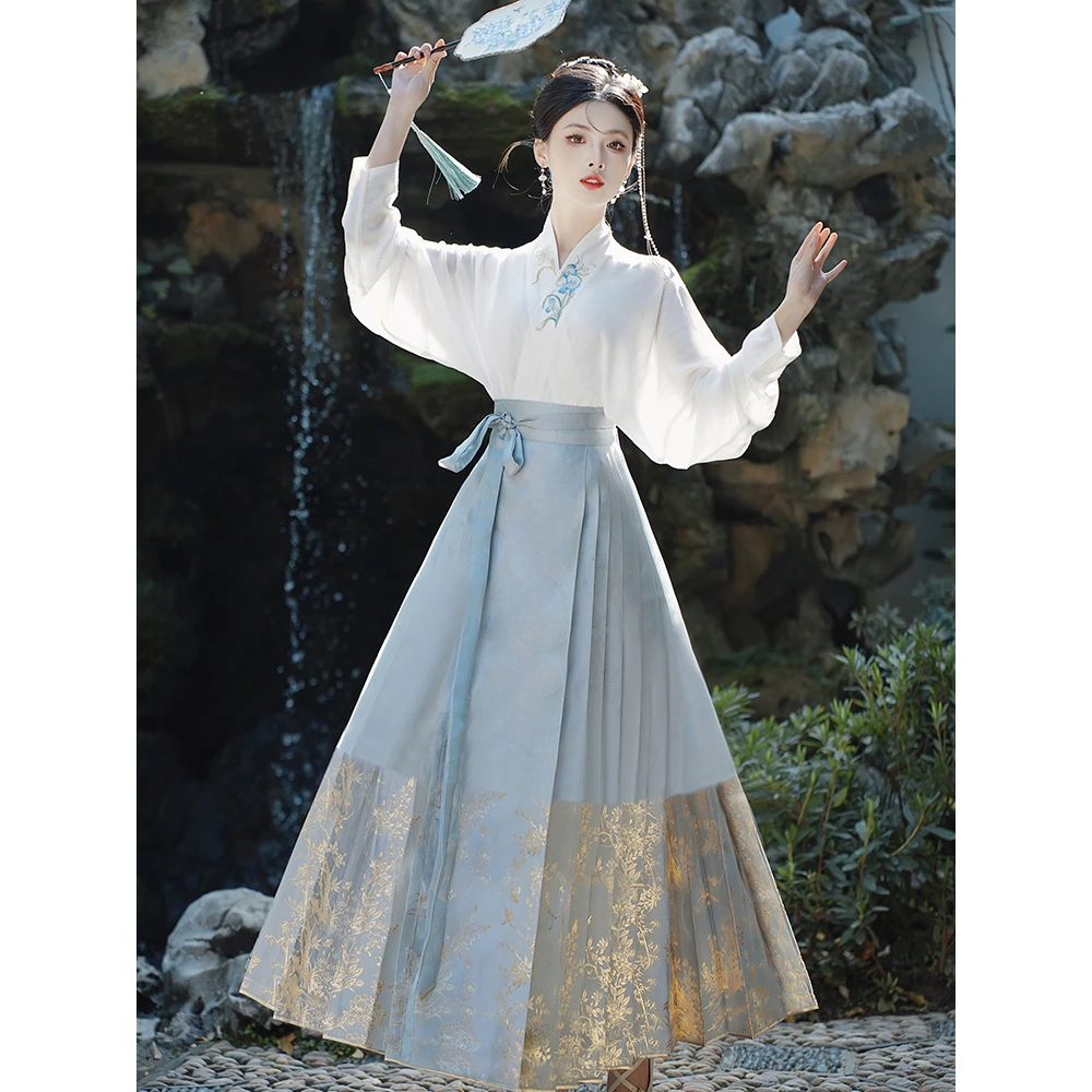 GD现货 提花亮面印纱马面裙汉服日常五色秋季轻薄套装