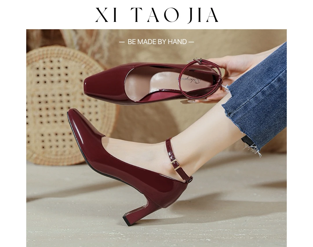 单鞋一字带玛丽珍粗跟不累脚百搭气质小众职场高跟鞋中跟鞋尖头