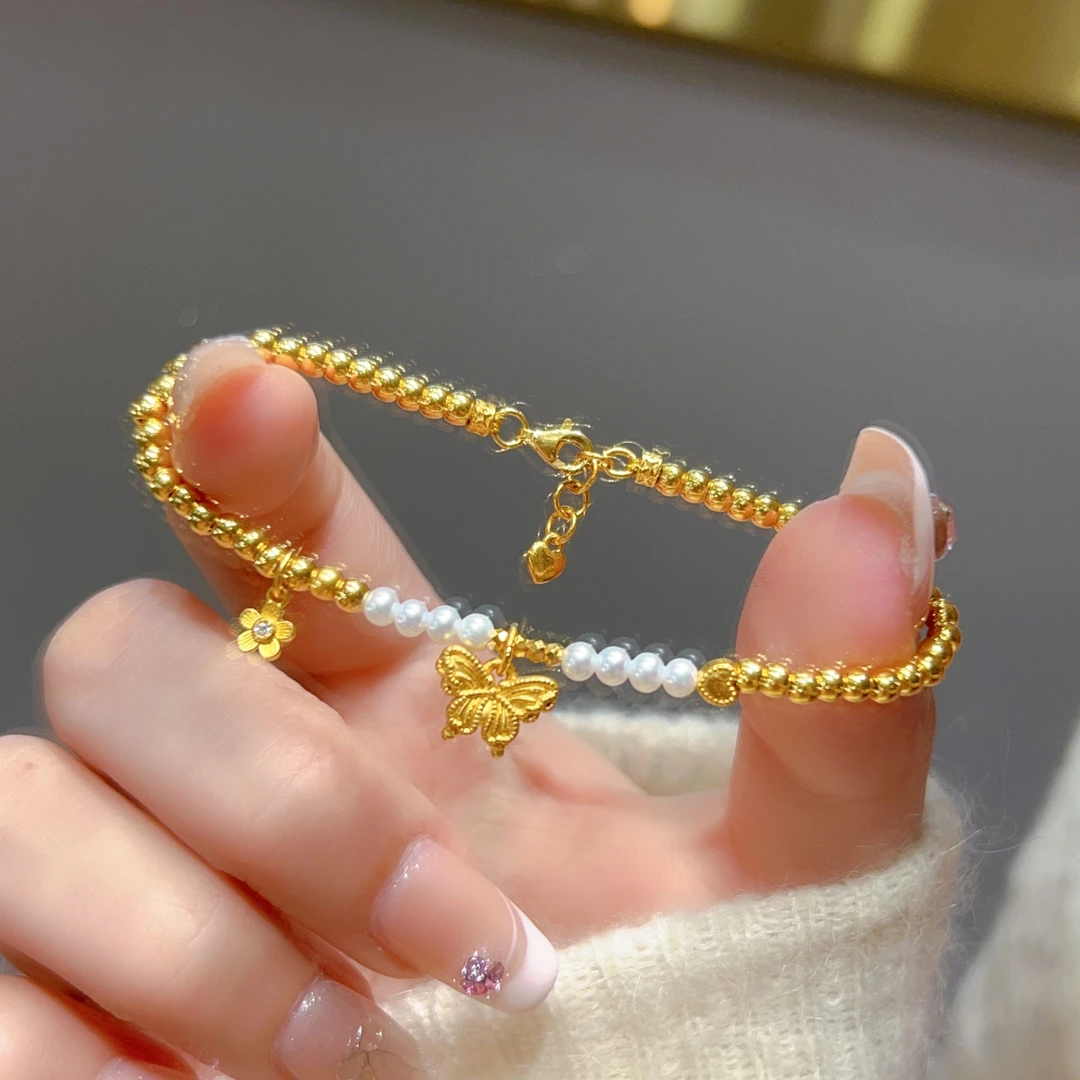 瑞诺黄金蝴蝶手链新款足金999蝶恋花手链小众设计520礼物送女友