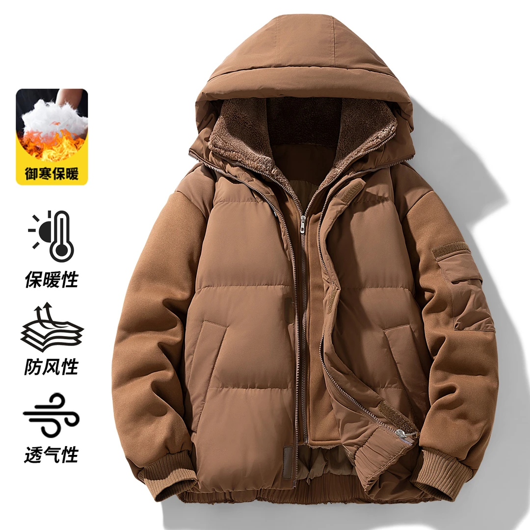 稻草人魔术贴假两件男士时尚面包服日系休闲秋冬加绒保暖加厚连帽