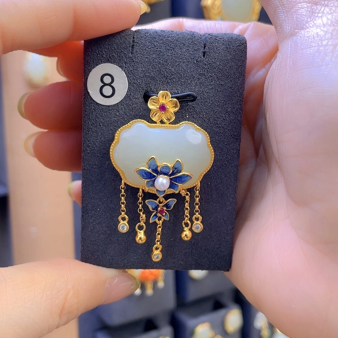 和田玉颈饰银S925镀金镶嵌