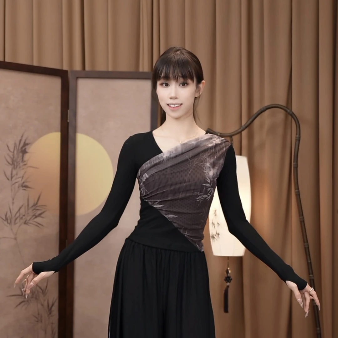 ShiShi水墨斜领设计感长袖套指现代舞练功服瑜伽服舞蹈服