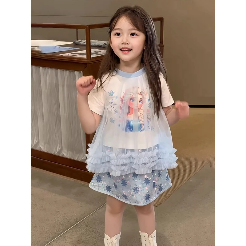 女童艾莎套装夏装2025新款儿童冰雪奇缘洋气短袖夏装半身裙两件套