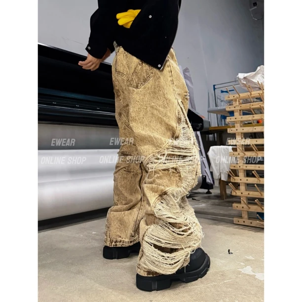 【破坏沙丘】EWEAR美式街头高级废土做旧重工拼接弯刀牛仔长裤男女