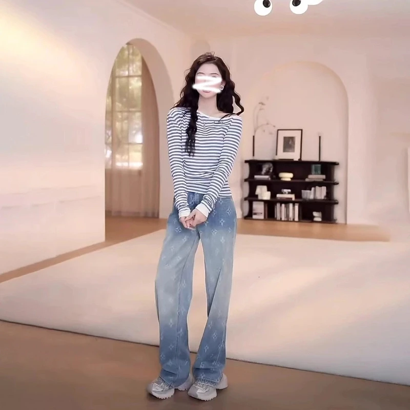 韩版斜肩撞色条纹设计感T恤女2025春秋季字母甜辣妹露肩长袖上衣