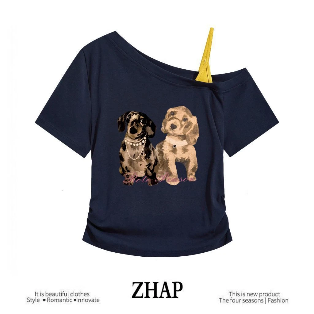 【ZHAP】新款斜肩吊带短袖t恤女露肩多巴胺卡通修身显瘦夏季上衣