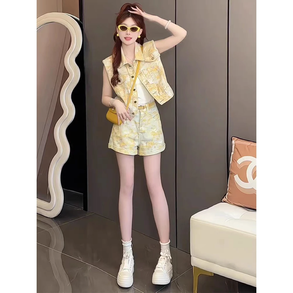 K小姐 夏季新款气质休闲时尚百搭马甲预+短裤套装韩版减龄小个子