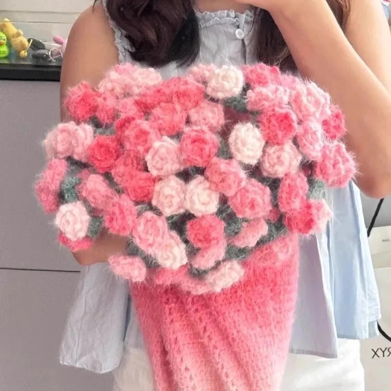 渐变色毛线玫瑰花束定制材料包链接