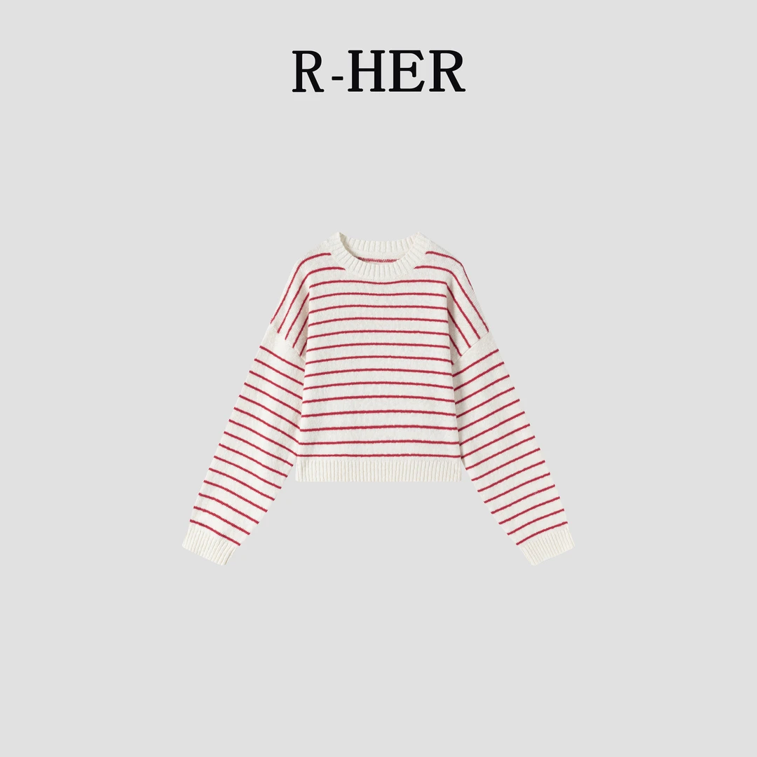 R-HER【短款条纹】秋季短款法式条纹毛衣女圆领慵懒长袖针织衫上衣