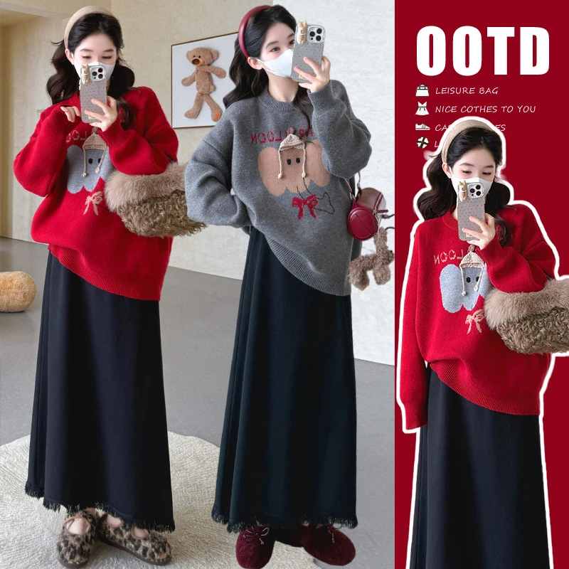 孕妇装秋冬季毛衣2025新款孕期穿搭法式加厚卡通上衣流苏半身裙子