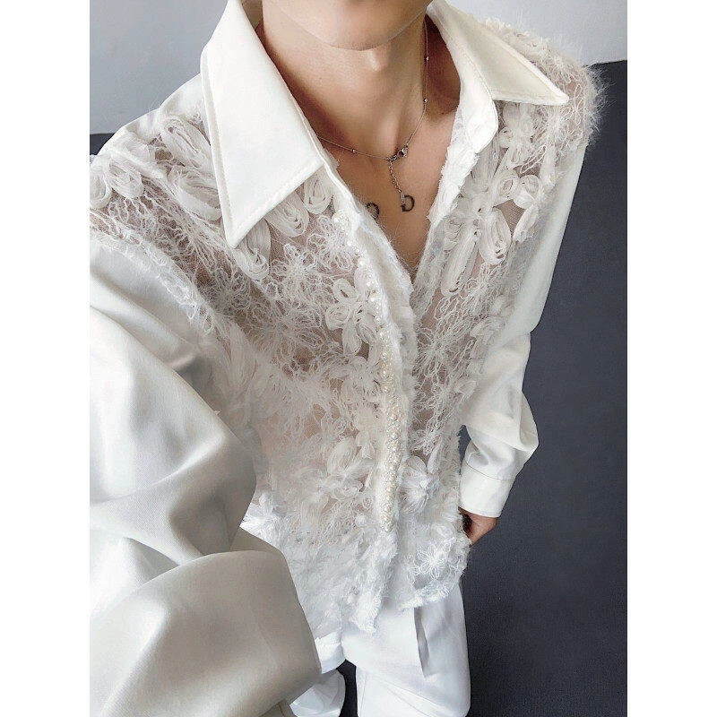 小众定制款【空中花园】立体花卉镂空衬衫男设计感珍珠拼接衬衣