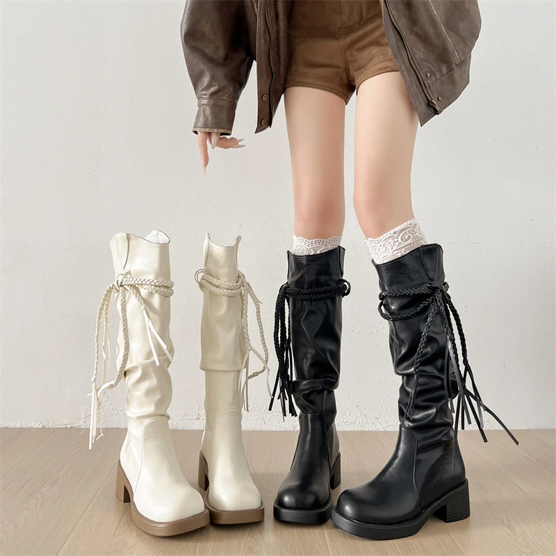 白色复古高级感厚底靴子女长筒靴2025新款秋季配裙子显瘦骑士长靴