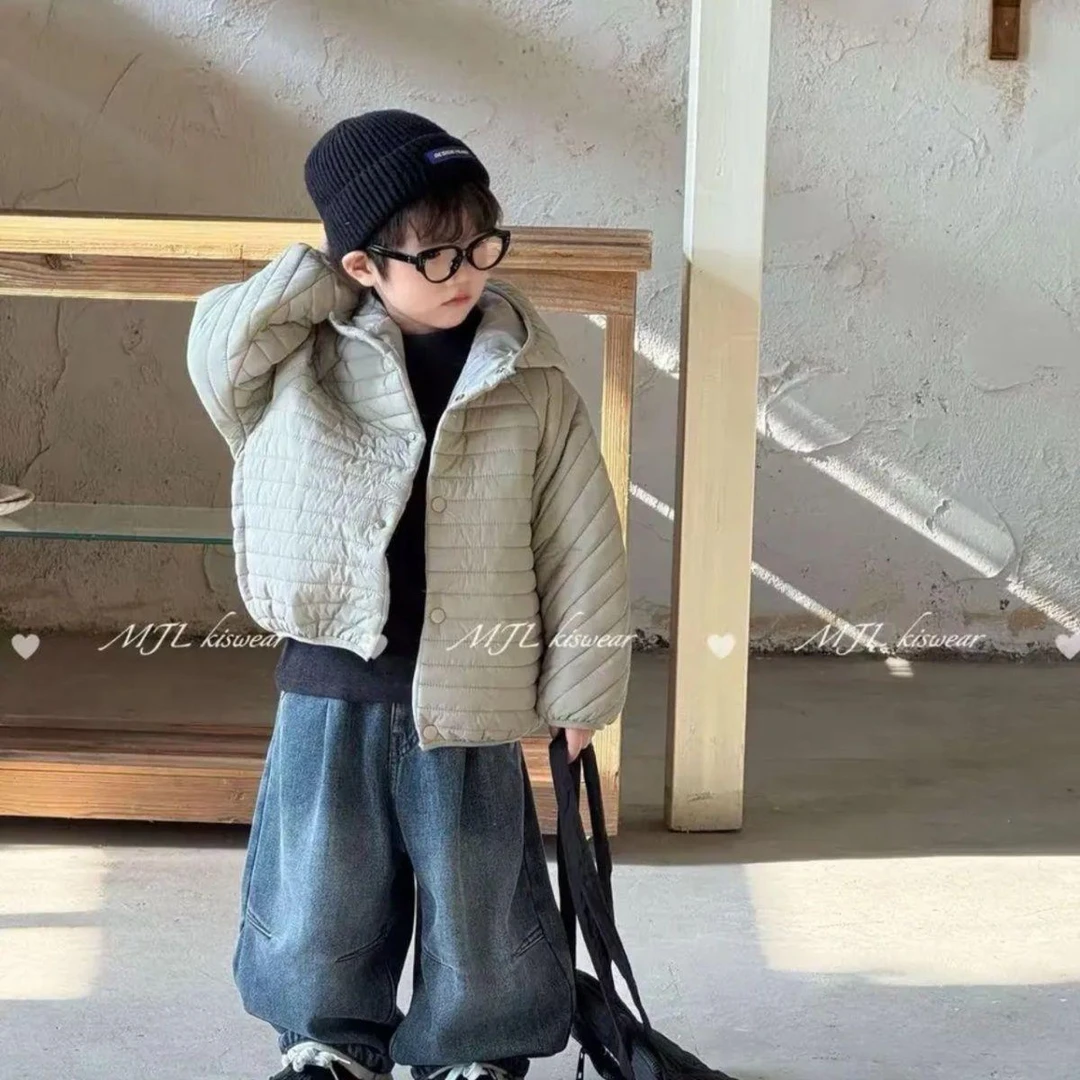 男童轻薄棉衣秋冬季洋气宝宝男孩深秋棉服儿童一体绒牛仔裤两件套