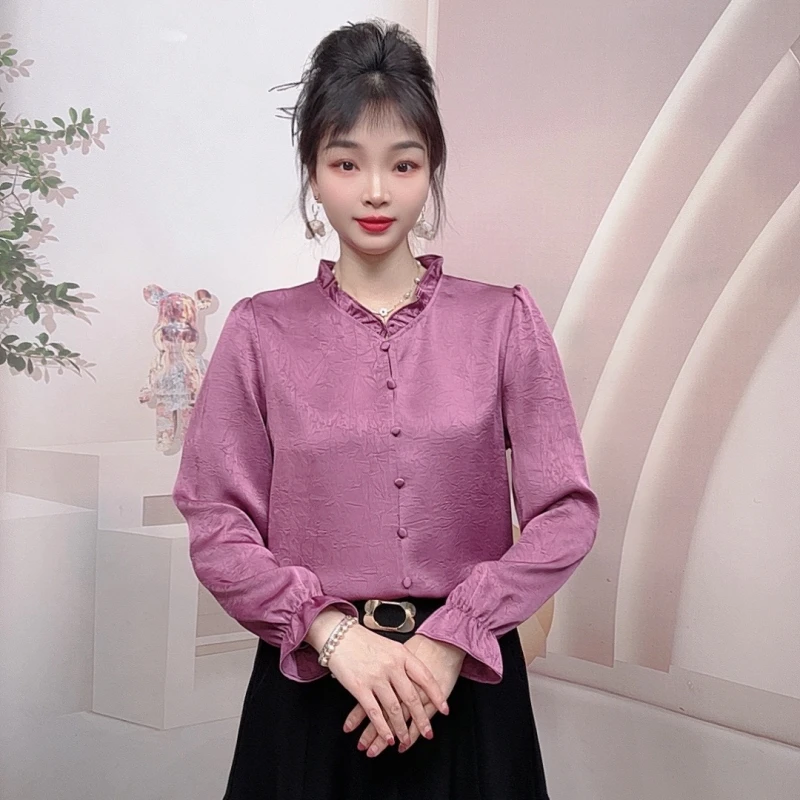 木耳边小衫女长袖2025春季新款百搭时尚洋气衬衫减龄气质显瘦上衣