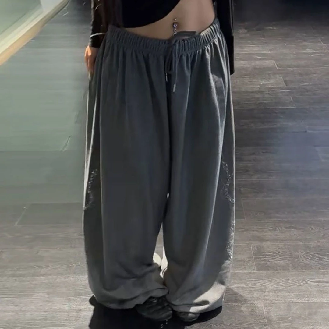 【重磅棉质】网红爆款复古美式爆闪烫钻阔腿宽松跳舞爵士休闲裤潮