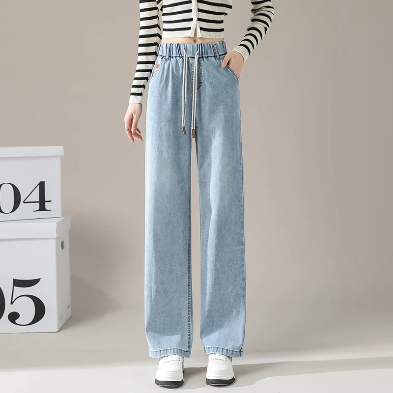 浅色直筒秋冬季加绒软牛仔女松紧腰牛仔裤加绒女款爆款2025新款