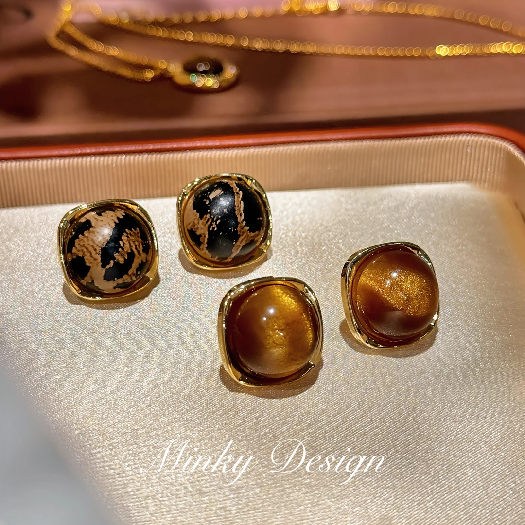 铜合金耳饰 「琥珀夕阳」豹纹虎眼石复古耳夹无耳洞蚊香盘耳夹耳环