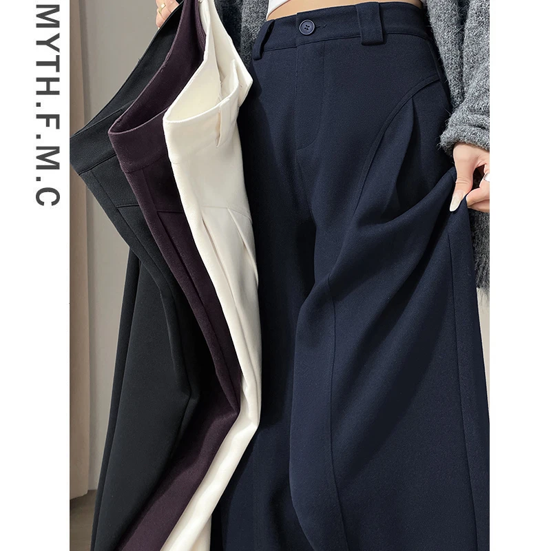 藏青色毛呢西装裤子女秋冬季2025新款爆款时尚气质高腰直筒阔腿裤
