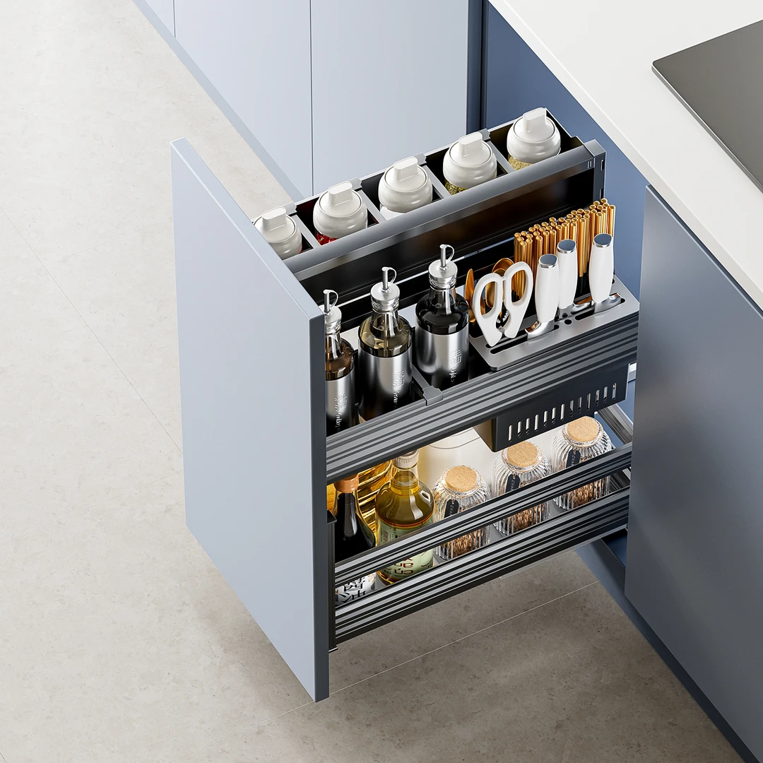 DIY厨房调味篮碗碟拉篮设计静音阻尼多层抽屉式拉篮橱柜抽屉式