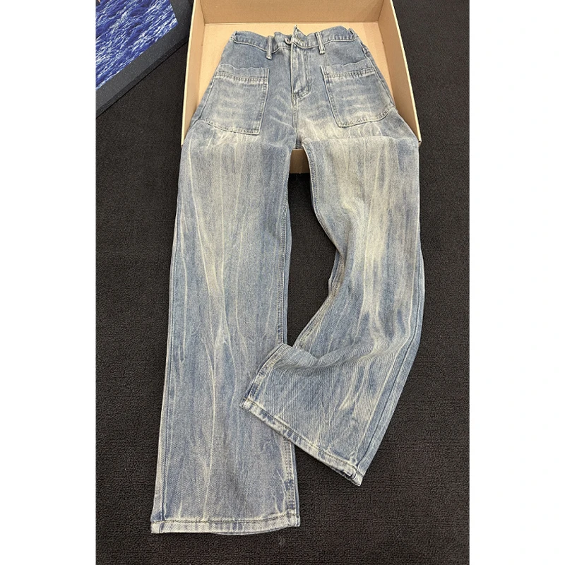 cleanfit蓝色闪电纹牛仔裤男春夏美式复古水洗裤子修身直筒微喇裤