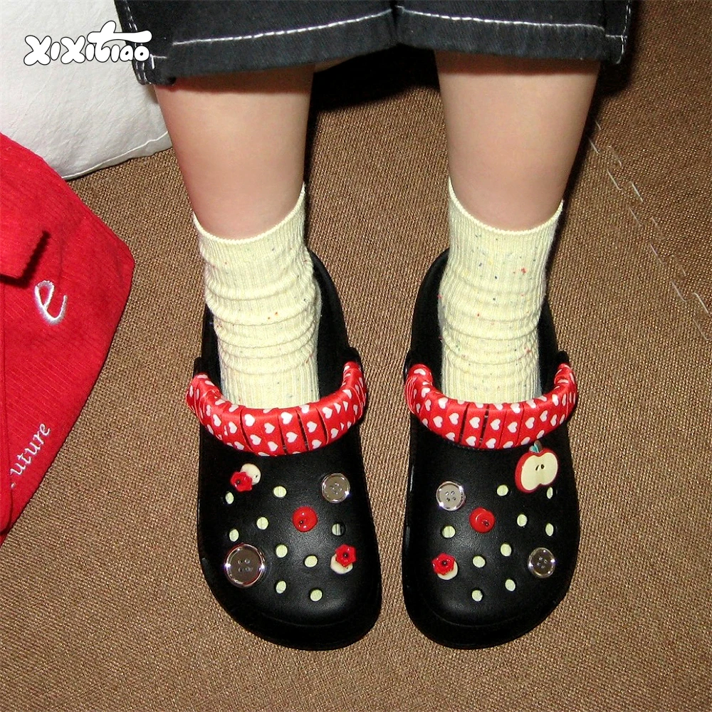 细细条 趣味外穿可爱红苹果洞洞鞋男女防滑软底休闲沙滩足弓凉拖