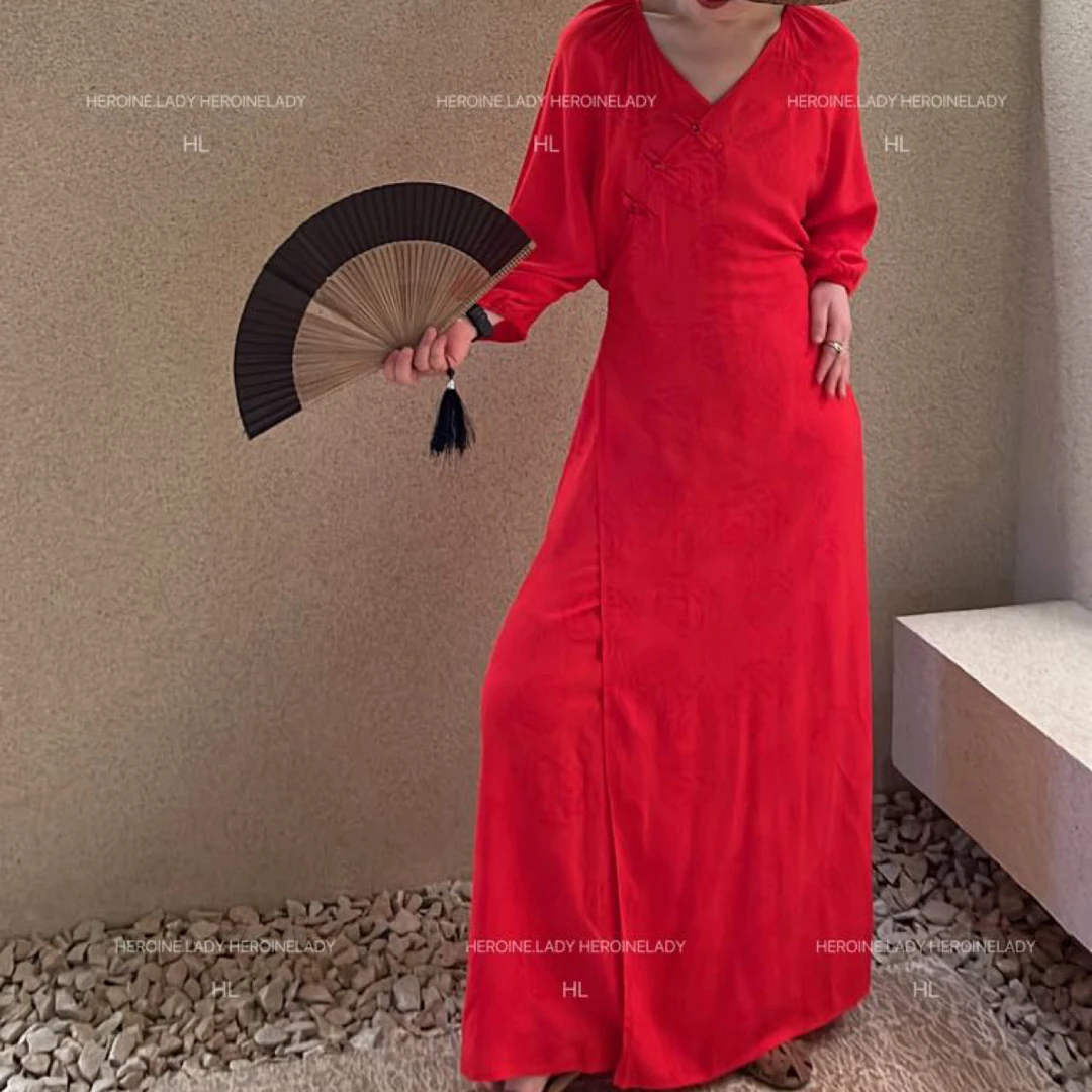 【夏夜梦令】HL棉绸夏季交叉裹系新中式连衣裙宽松长款连衣裙短袖