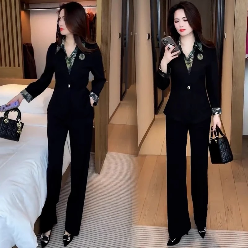 春秋新款套装时尚欧若风穿搭洋气收腰显瘦假两件上衣直筒裤套装